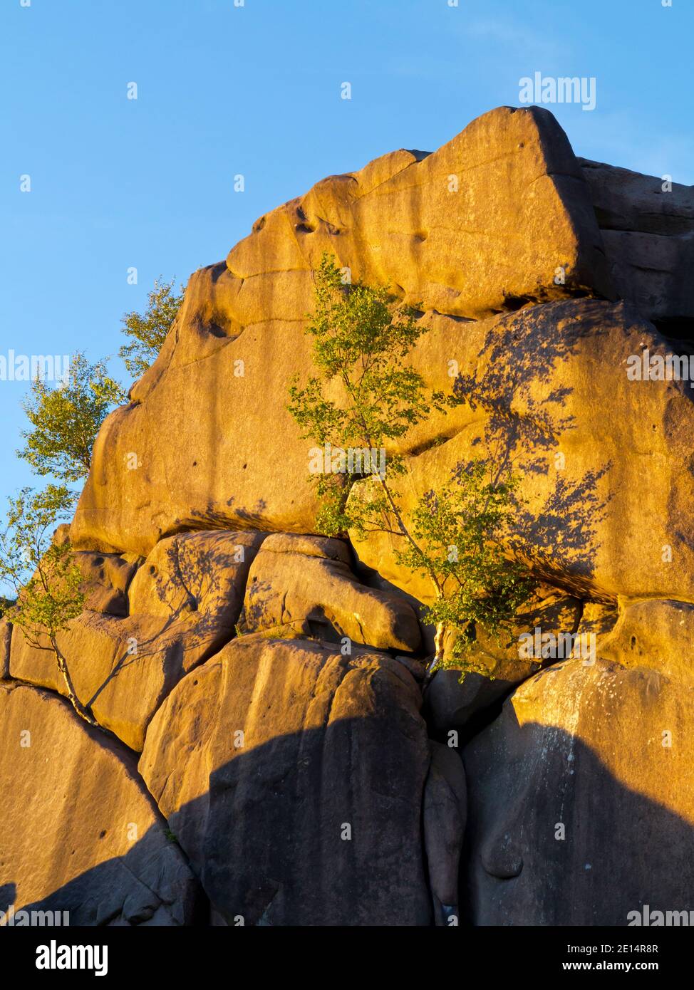 Evening sunlight on Black Rocks a small outcrop of natural gritstone, between Cromford and Wirksworth in the Derbyshire Peak District, England UK Stock Photo