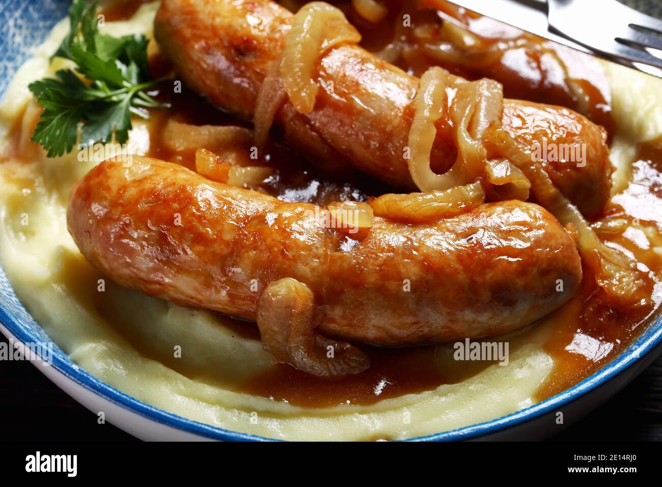 Bangers and mash traditional british dish of pork sausage with onion