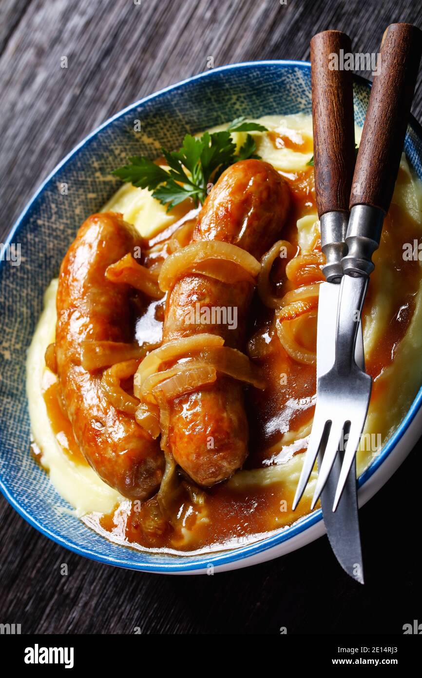 Sausage and mash with onion gravy hires stock photography and images