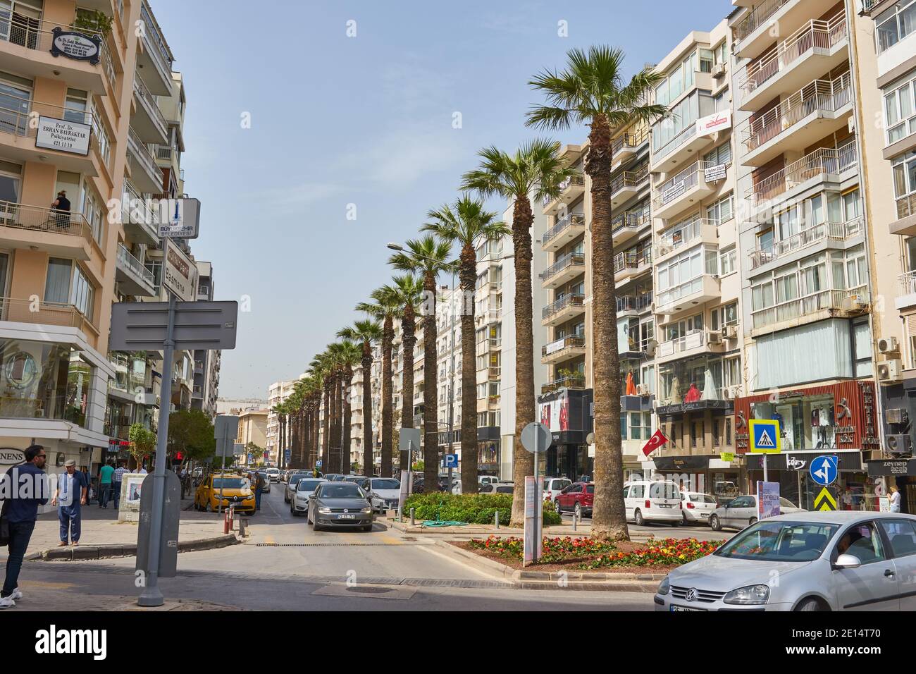 Izmir, Turkey - May 4, 2018: Pedestrianized shopping street called Ord. Prof. Ekrem Akurgal Cd in Bayrakli district in Izmir. People walking in shoppi Stock Photo