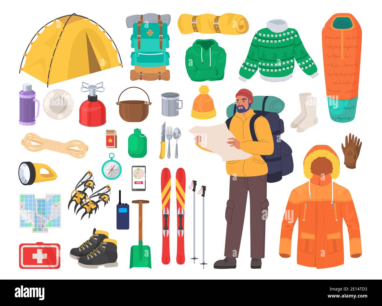 Winter hiking gear, flat vector isolated illustration. Mountain travel, climbing and trekking