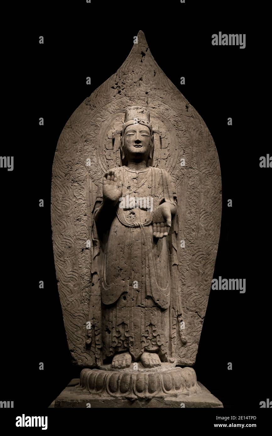 ancient chinese standing Bodhisattva buddha limestone statue image in ...