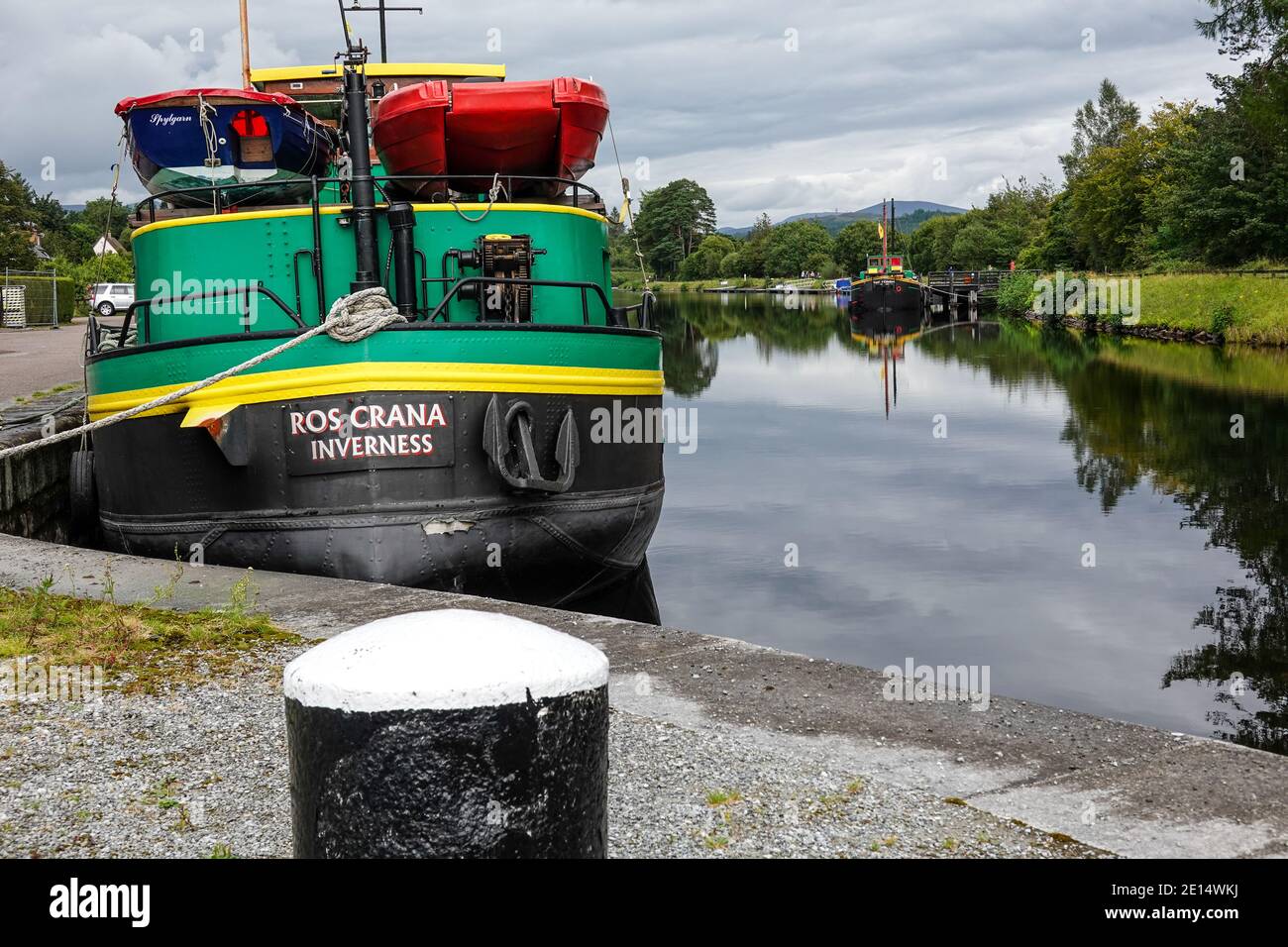 Boat moored in Caledonian Canal above Neptune's Staircase Stock Photo