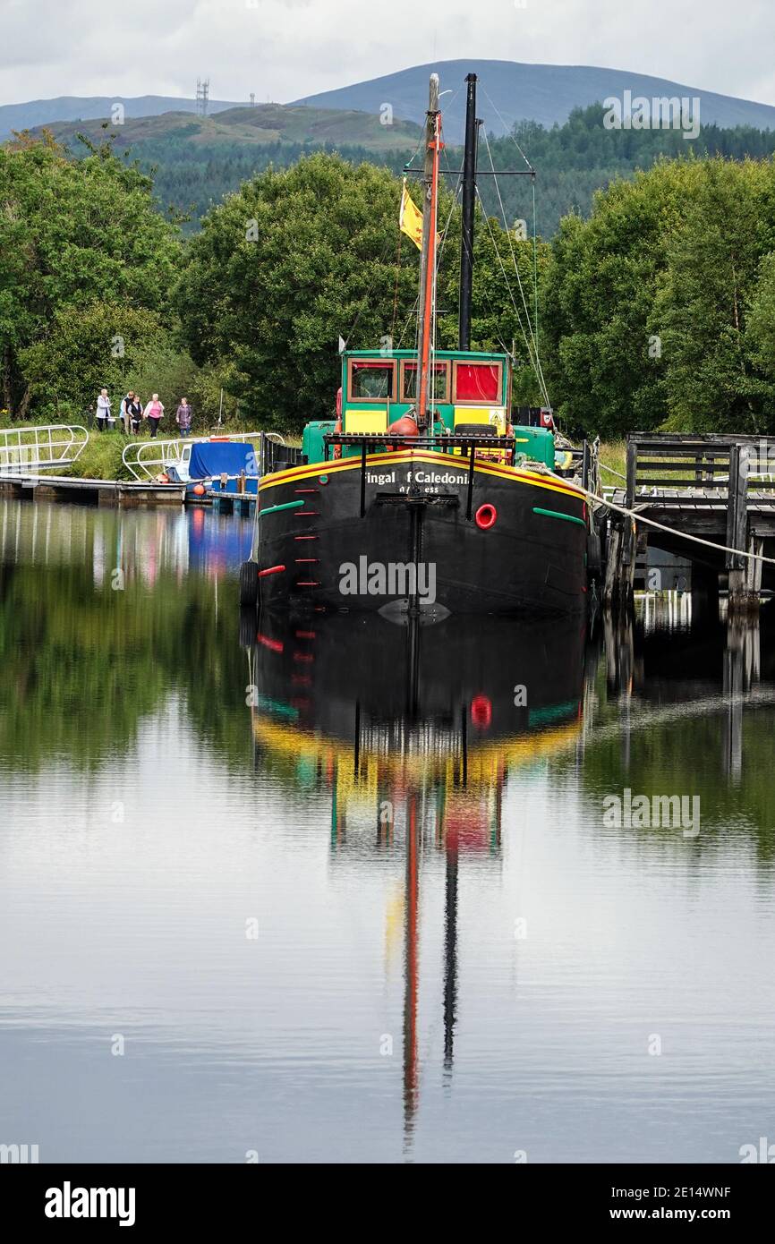 Boat moored in Caledonian Canal above Neptune's Staircase Stock Photo