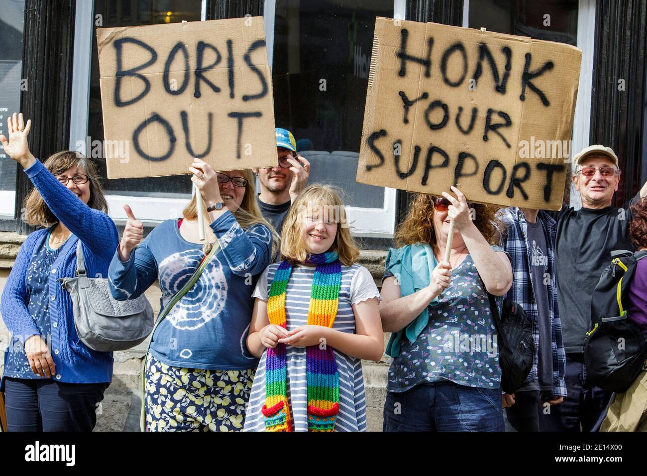 31-08-2019. Anti Boris Johnson Protesters carrying placards are pictured as they protest outside the Chippenham offices of Tory MP Michelle Donelan Stock Photo