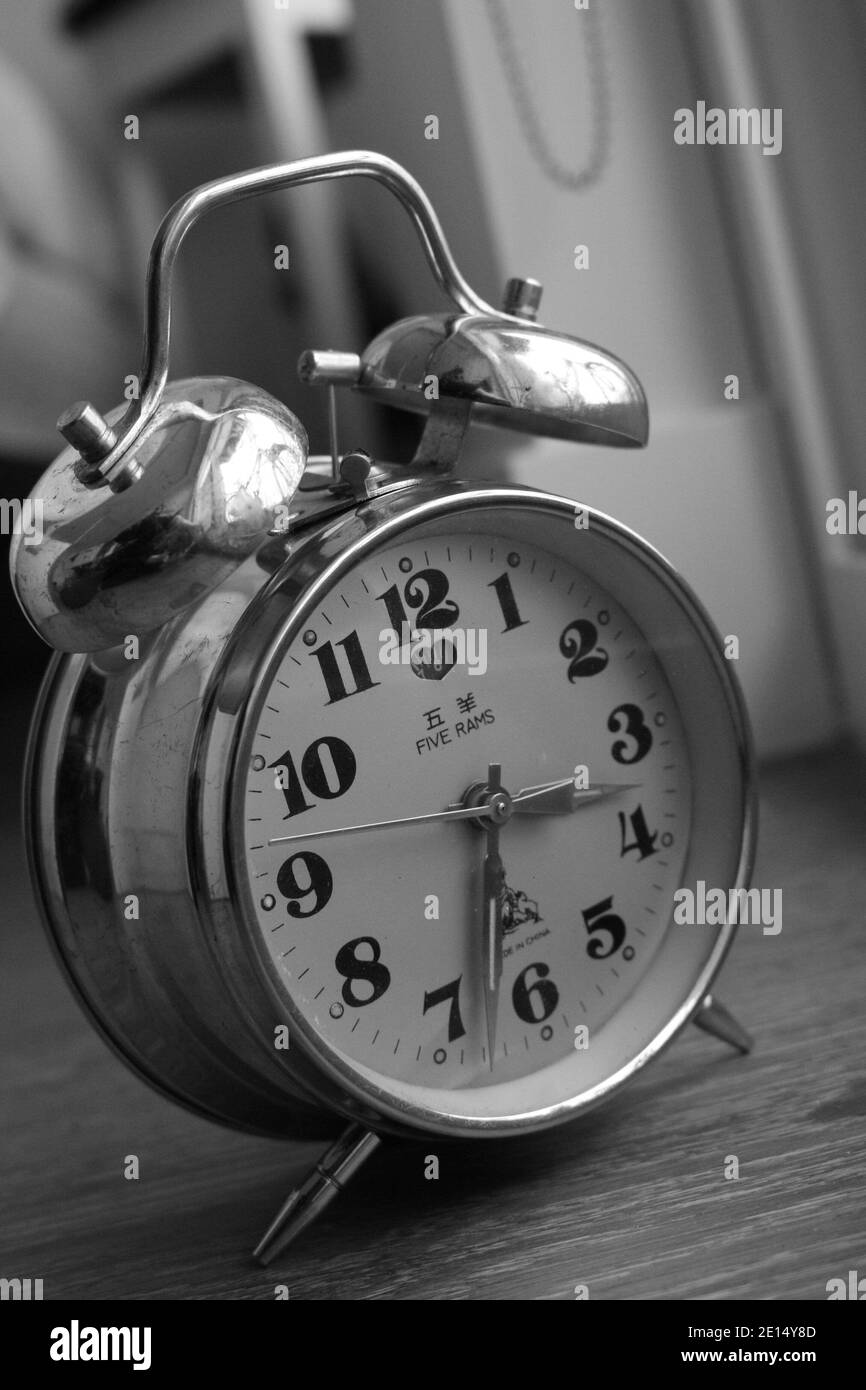 Vintage alarm clock in black and white Stock Photo