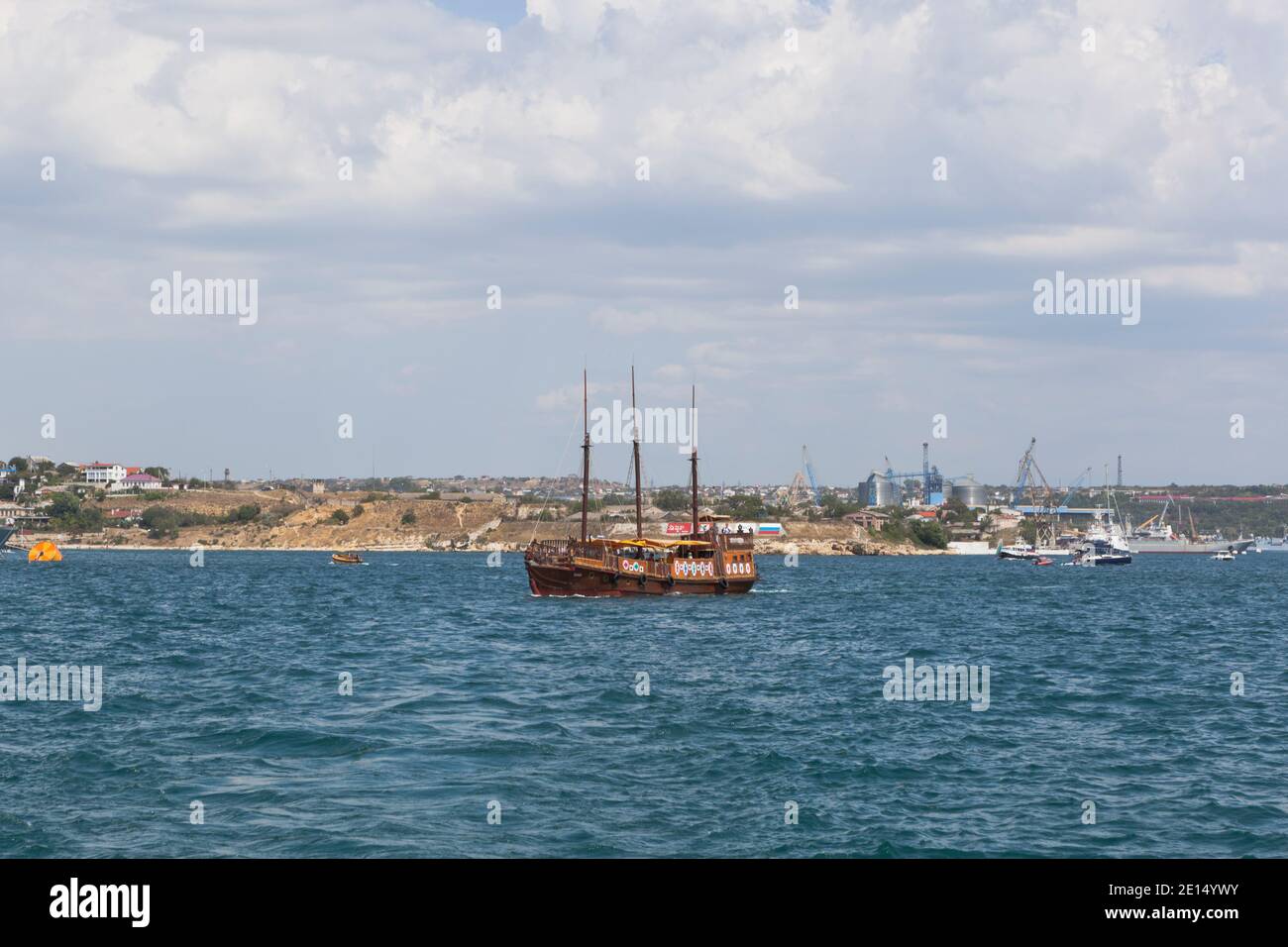 Sevastopol, Crimea, Russia - July 26, 2020: Stylized three-masted barque Breeze in the Sevastopol Bay, Crimea Stock Photo