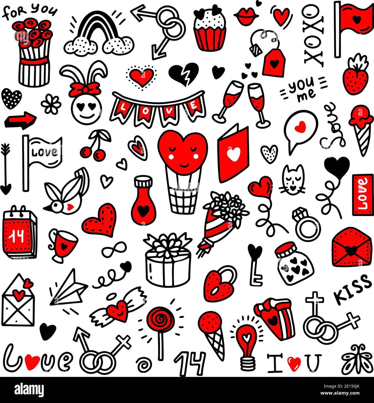 Cherry Hearts Seamless Doodle Pattern Vector Color Illustration