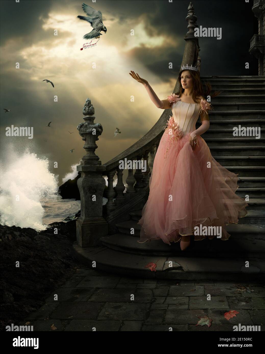 surreal fairy tale art background with girl in pink dress, sea, rocks, splashing waves, and seagulls flying Stock Photo