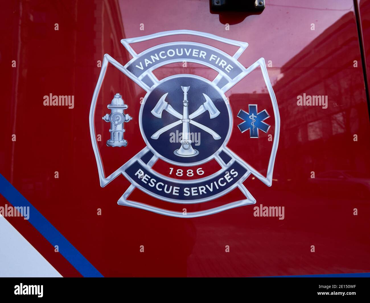 Vancouver Fire Rescue Services emblem, painted on the side of a fire engine in Vancouver, British Columbia, Canada Stock Photo