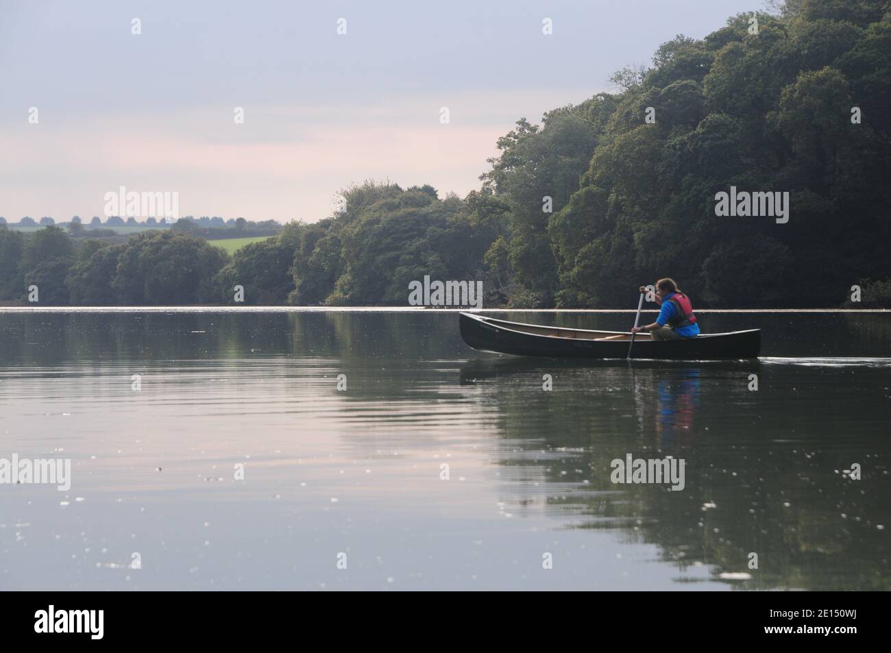 Young lady paddling a Canadian canoe in calm water on a Cornish estuary Stock Photo