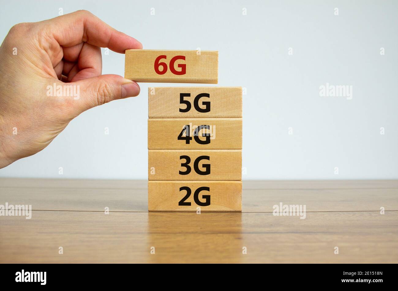 6G network evolution symbol. Hand holding a wooden block with 6g symbol