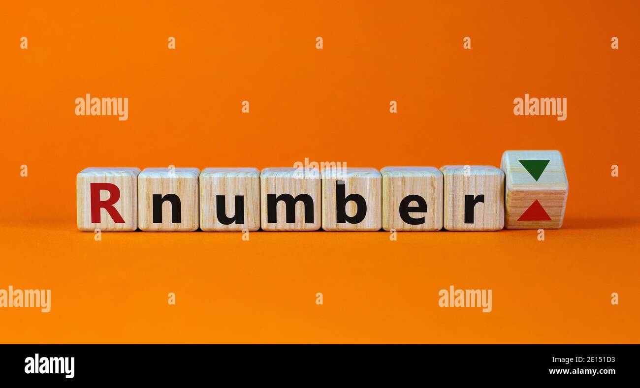 R - reproduction number up or down symbol. Wooden cubes with word R - reproduction number on beautiful orange background. Covid-19 pandemic R - reprod Stock Photo