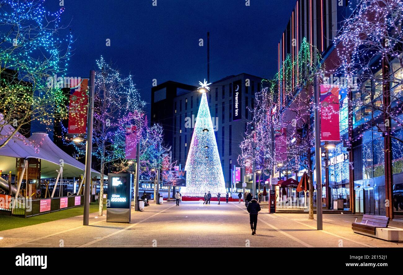 Christmas Tree and Decorations in Wembley Park Shopping Centre London UK Stock Photo