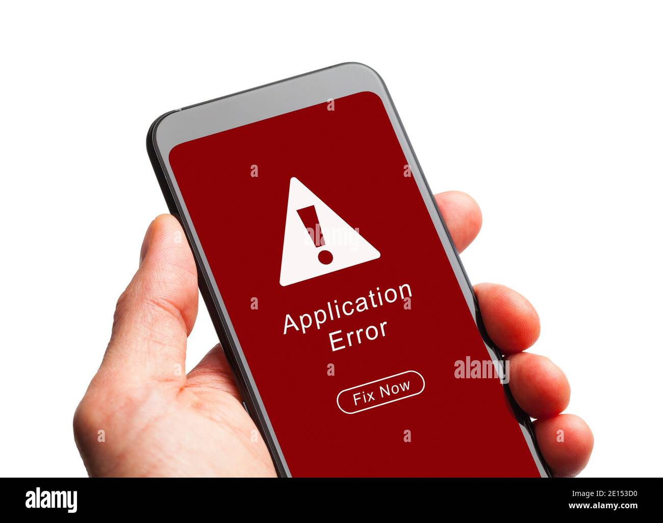 Hand Holding Smart Phone with Application Error Message. Stock Photo