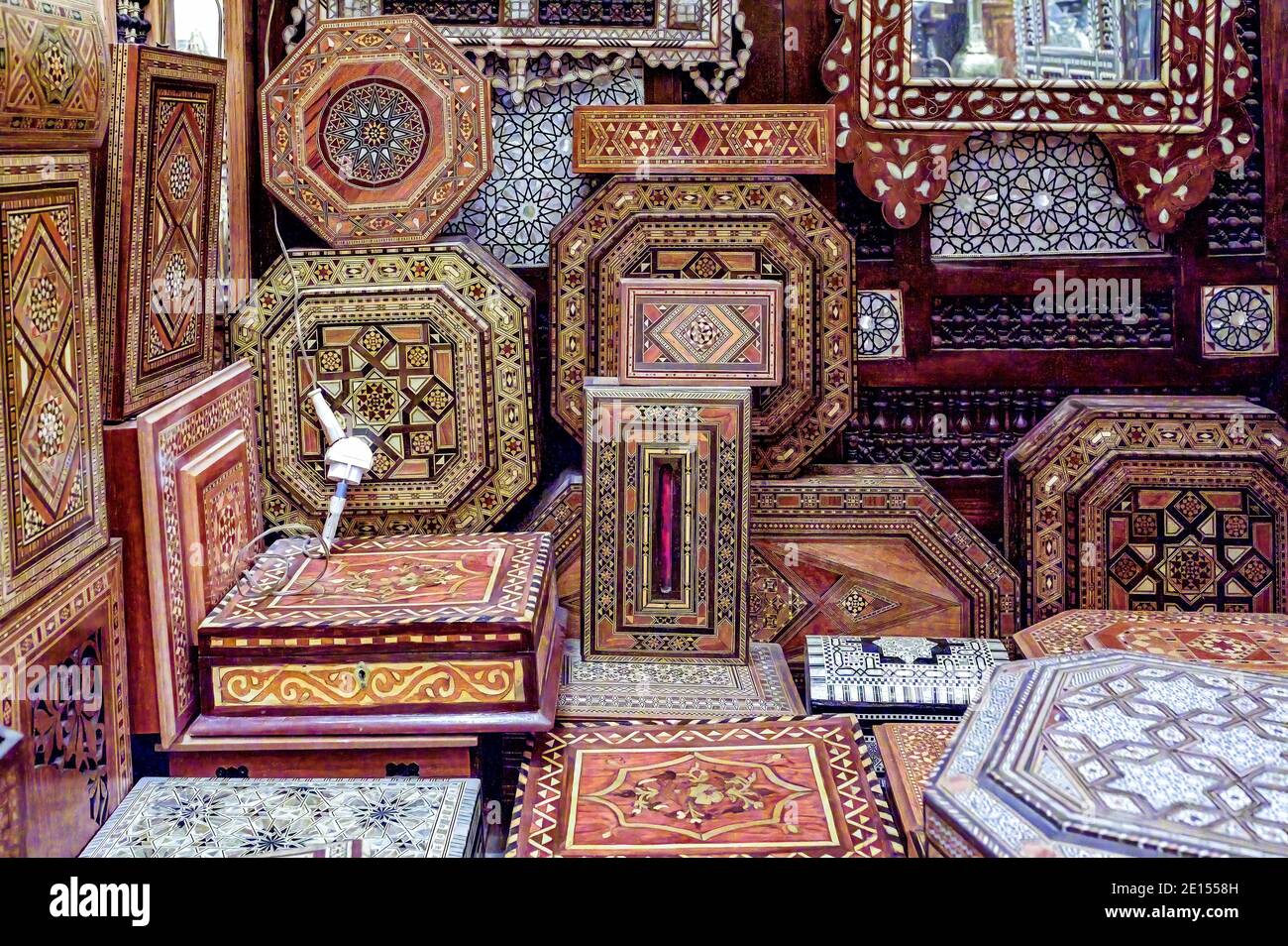 Handmade Egyptian Wooden Jewelry Boxes inlaid with Natural Mother Of Pearl on display in an antique shop in Maadi Stock Photo
