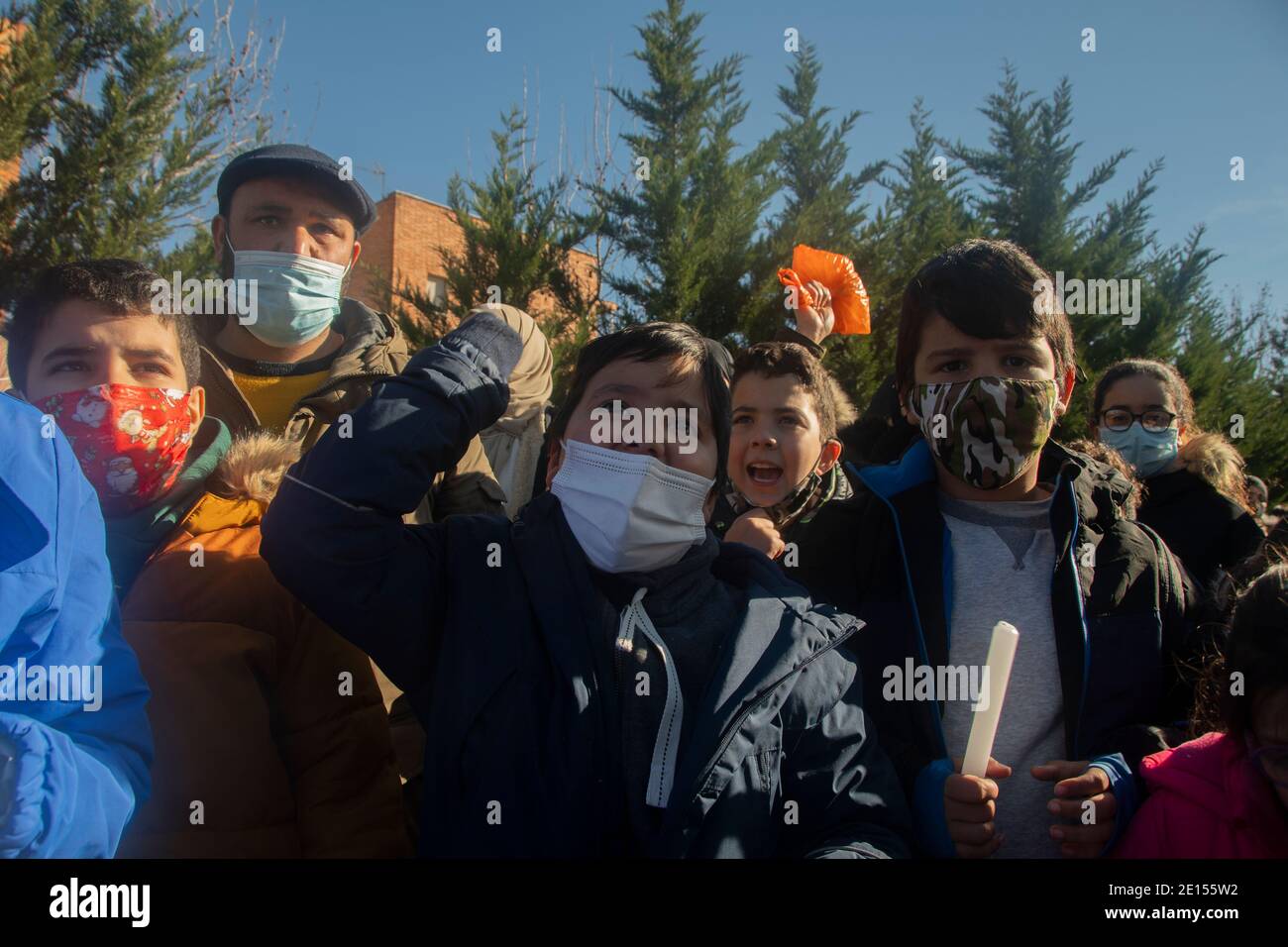Hundreds of residents of the Cañada Real Galiana have gathered this Monday in front of the headquarters in the capital of Naturgy, a company that prov Stock Photo