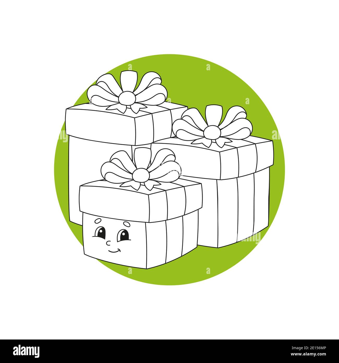 Holiday boxes with gifts decorated with ribbons with bows. Black and white coloring page for children. Cute cartoon character. Flat vector isolated il Stock Vector