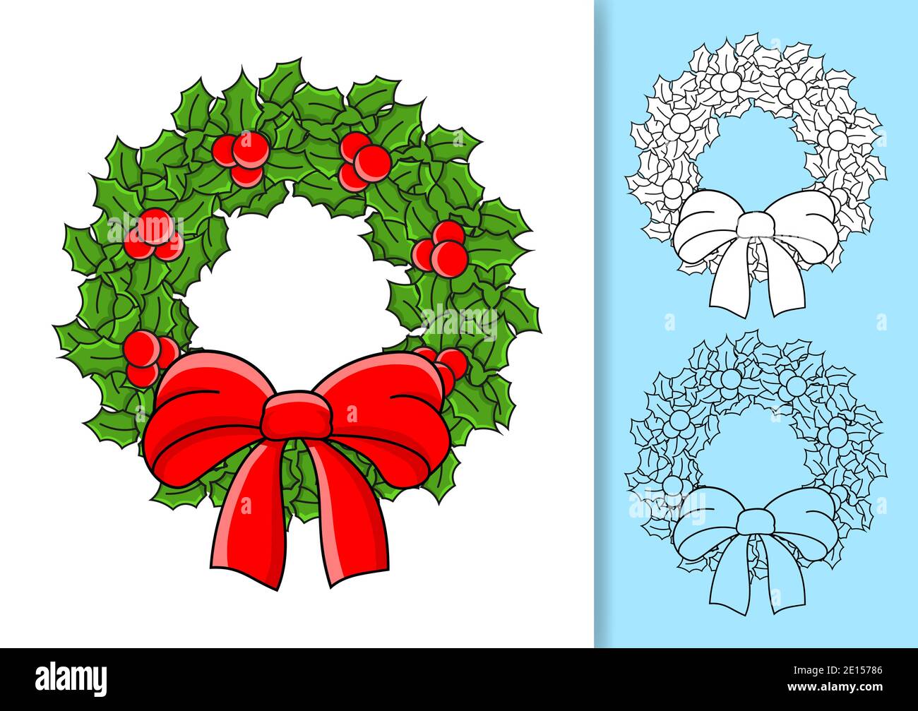 Christmas wreath of holly leaves and berries decorated with a bow. Set of vector illustrations isolated on white and colored background. Design elemen Stock Vector