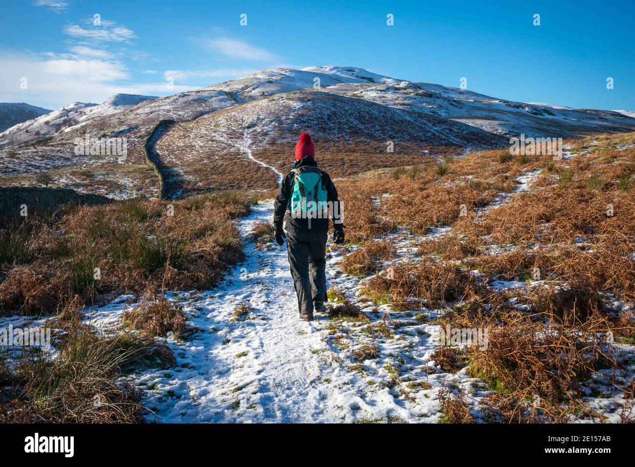 Lady walking in the snow on Matterdale Common near Ullswater, Lake District, Cumbria Stock Photo