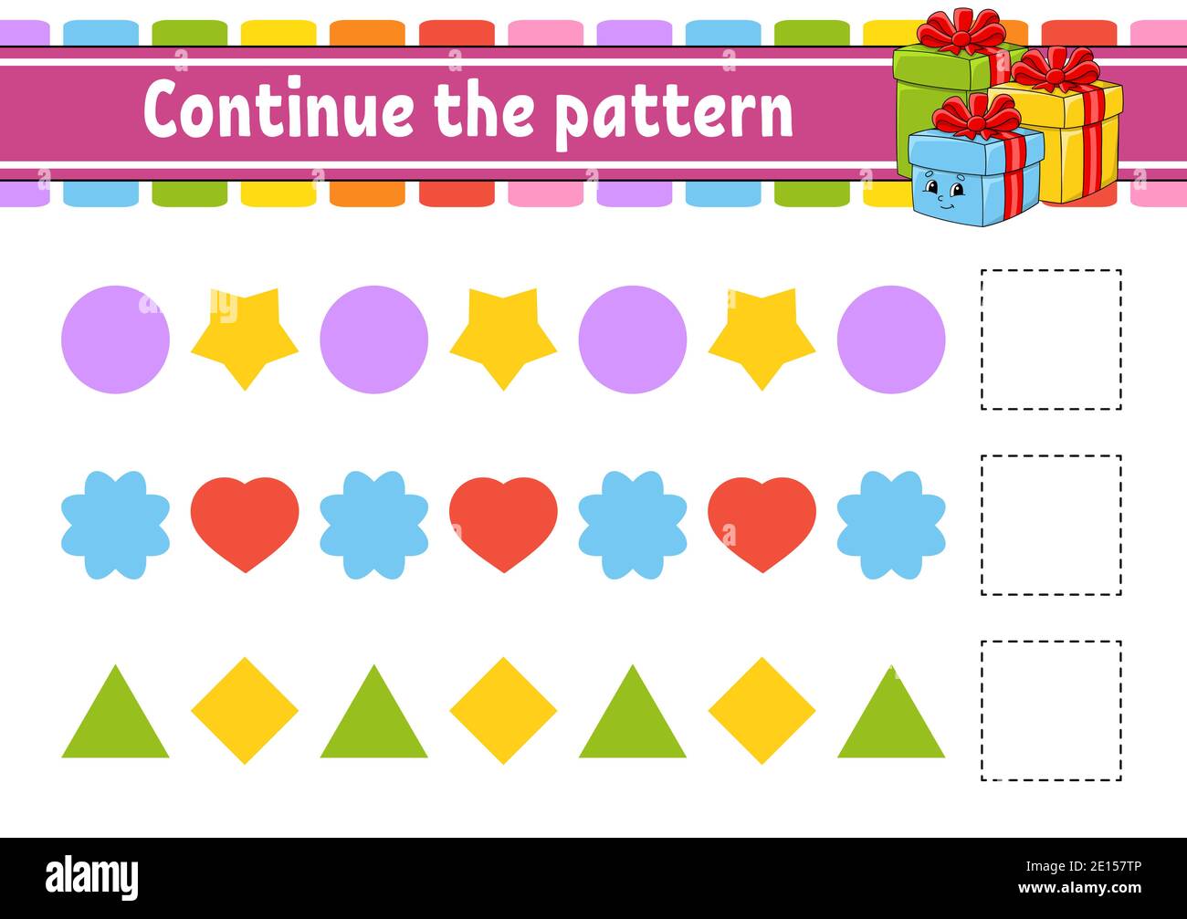 Continue the pattern. Education developing worksheet. Game for kids. Activity page. Puzzle for children. Riddle for preschool. Flat isolated vector il Stock Vector