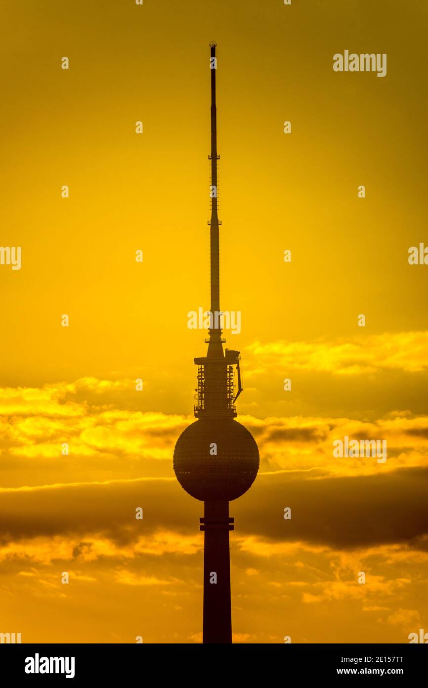 The evening sky with the silhouette of the television tower, Berlin 2020. Stock Photo