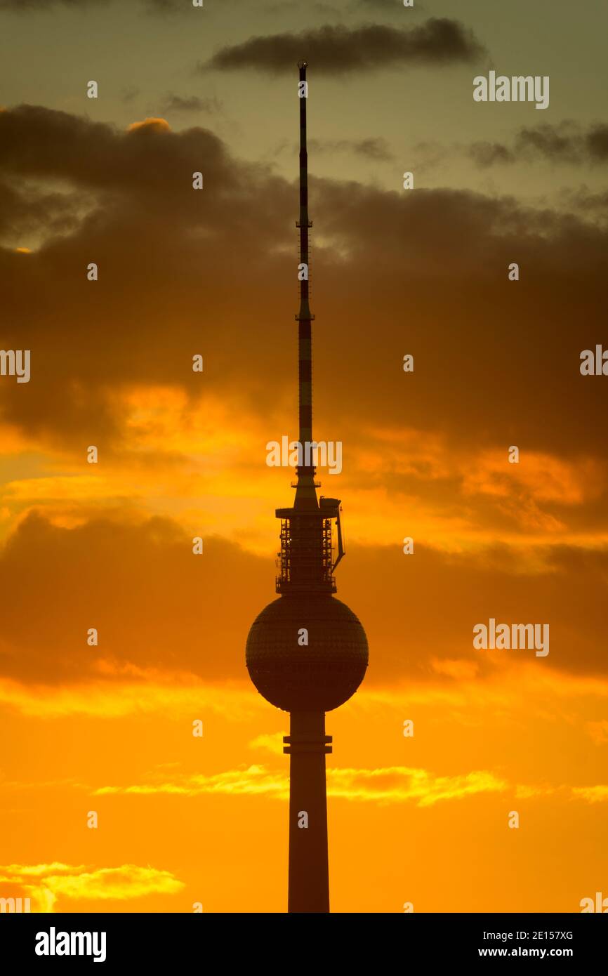 The evening sky with the silhouette of the television tower, Berlin 2020. Stock Photo