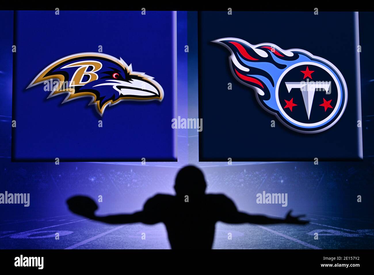 NYC, USA, JANUARY 2. 2021: NFL Wild Card Match, 2021 play off season: Baltimore  Ravens vs. Tennessee Titans. . Silhouette of professional american foo  Stock Photo - Alamy