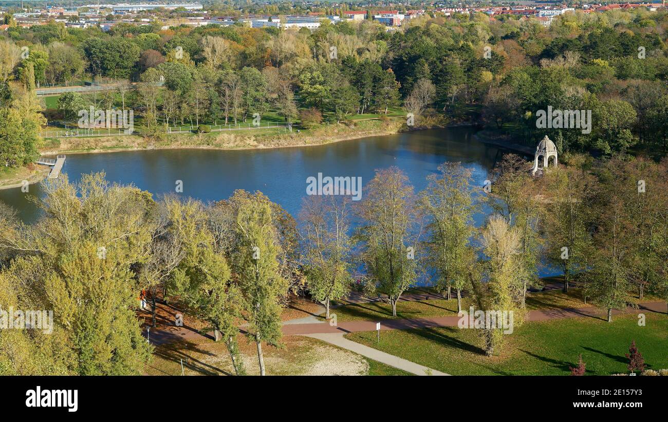 Aerial view of Adolf Mittag lake in Rotehorn city park in Magdeburg Stock Photo