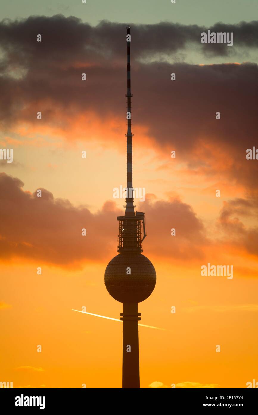 The evening sky with the silhouette of the television tower, Berlin 2020. Stock Photo