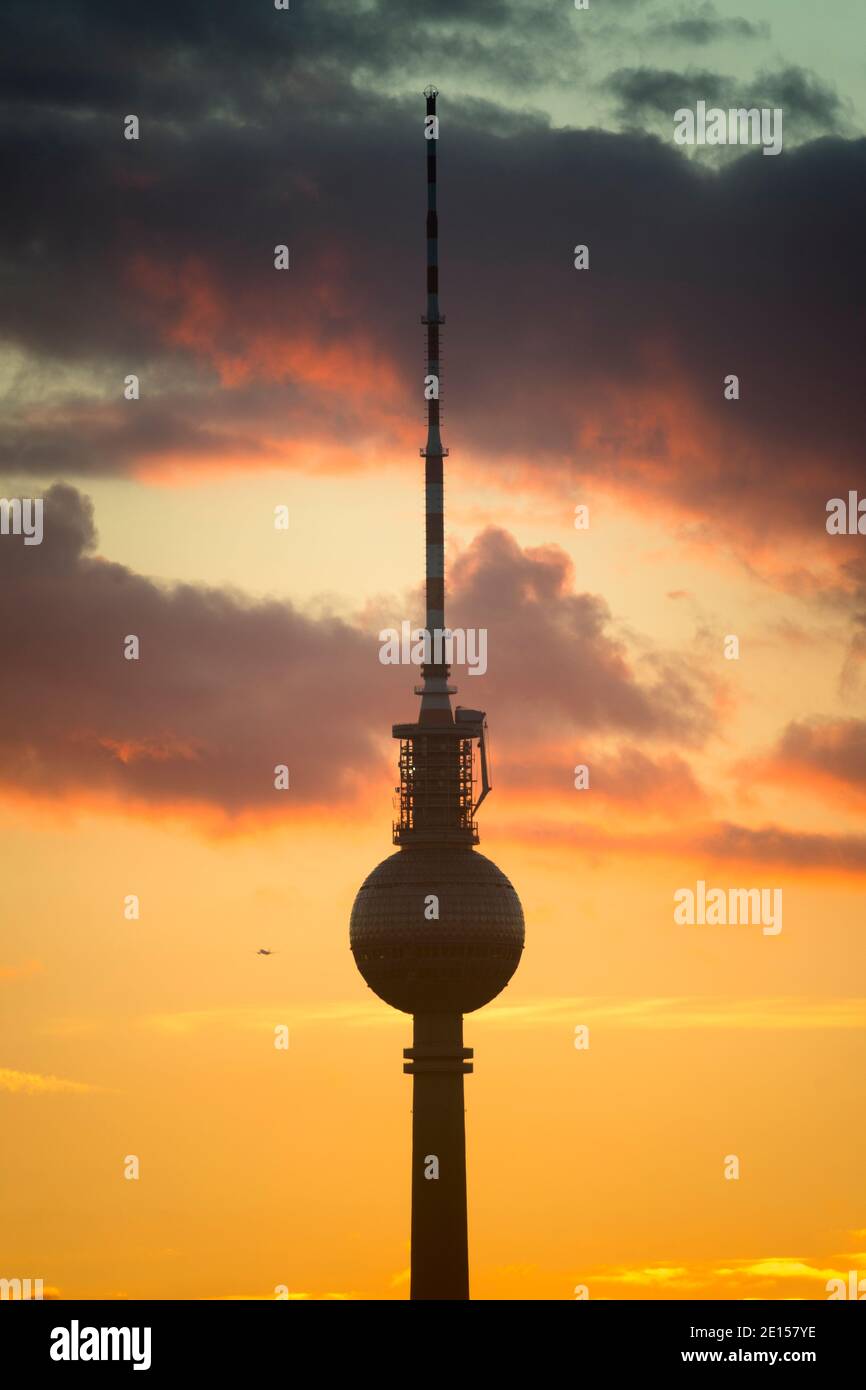 The evening sky with the silhouette of the television tower, Berlin 2020. Stock Photo