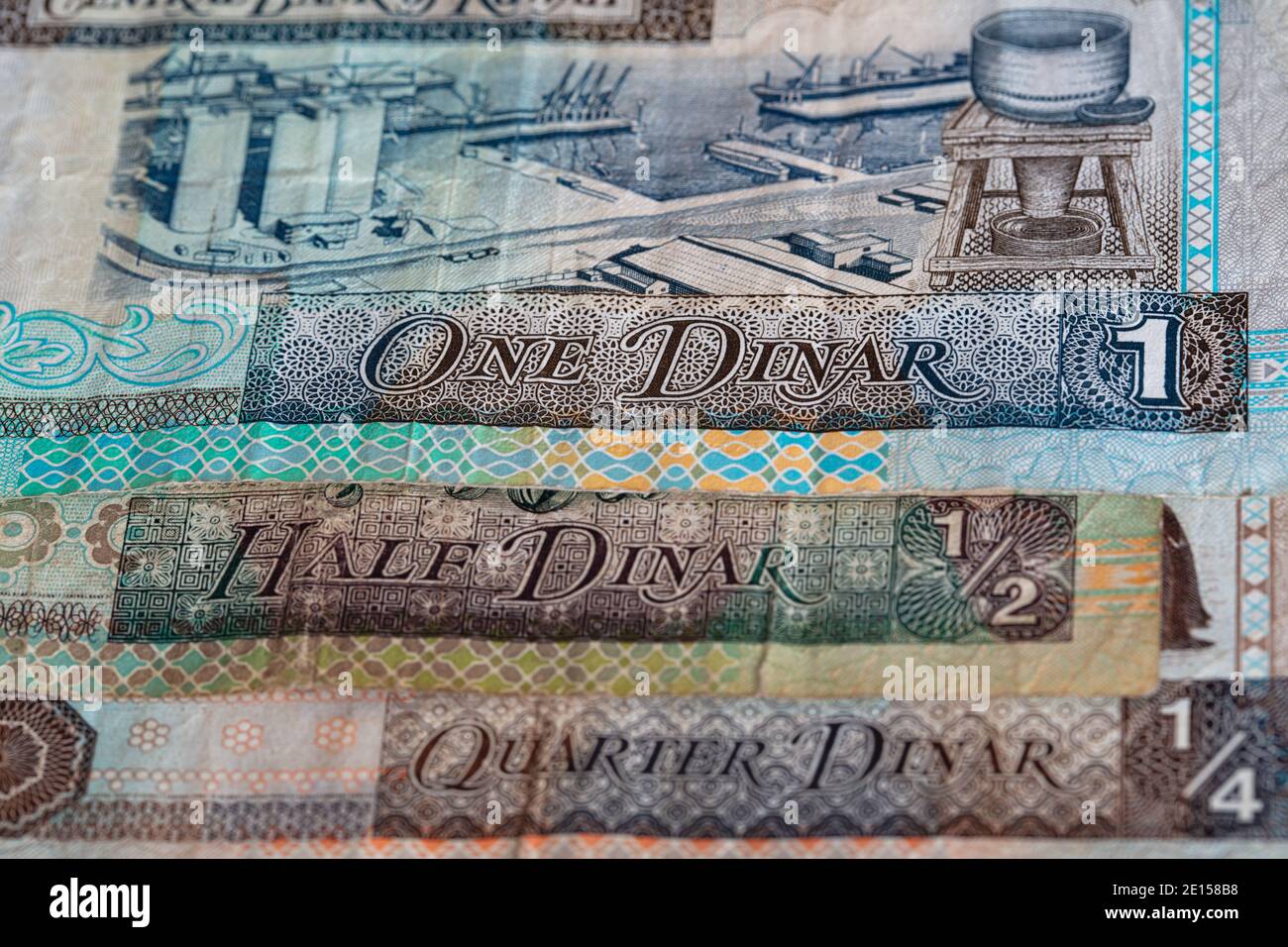 Closeup of Kuwaiti Dinar banknotes (one, half and quarter) Stock Photo