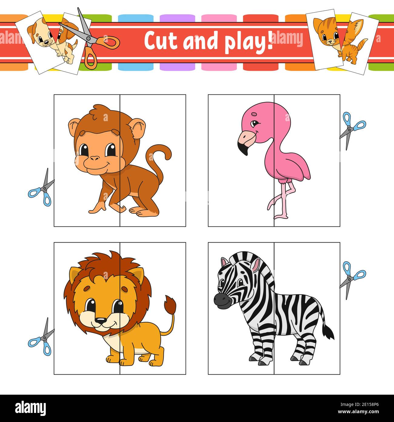 Cut and play. Flash cards. Color puzzle. Education developing worksheet