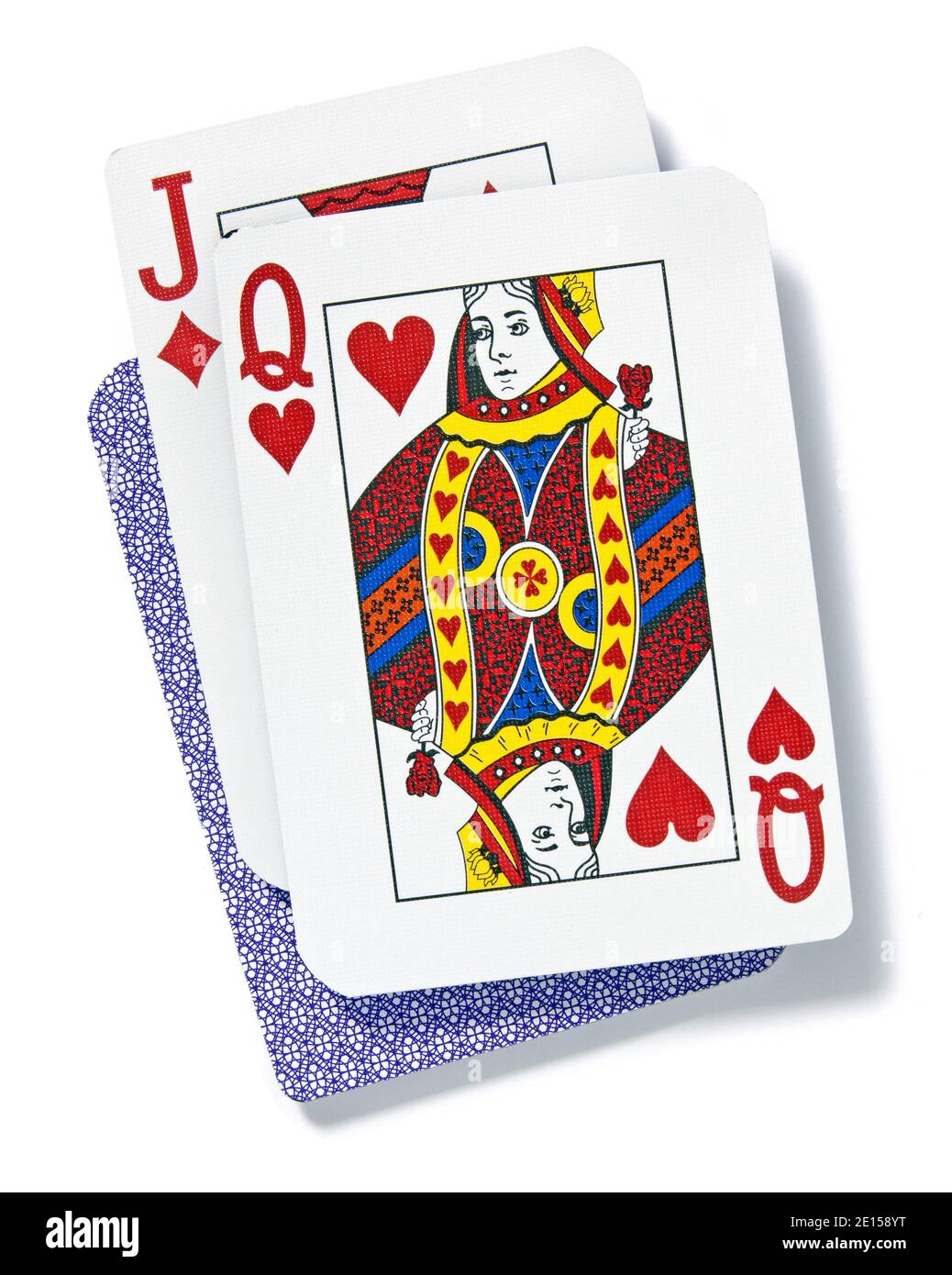 Queen and jack playing cards photographed on a white background Stock Photo