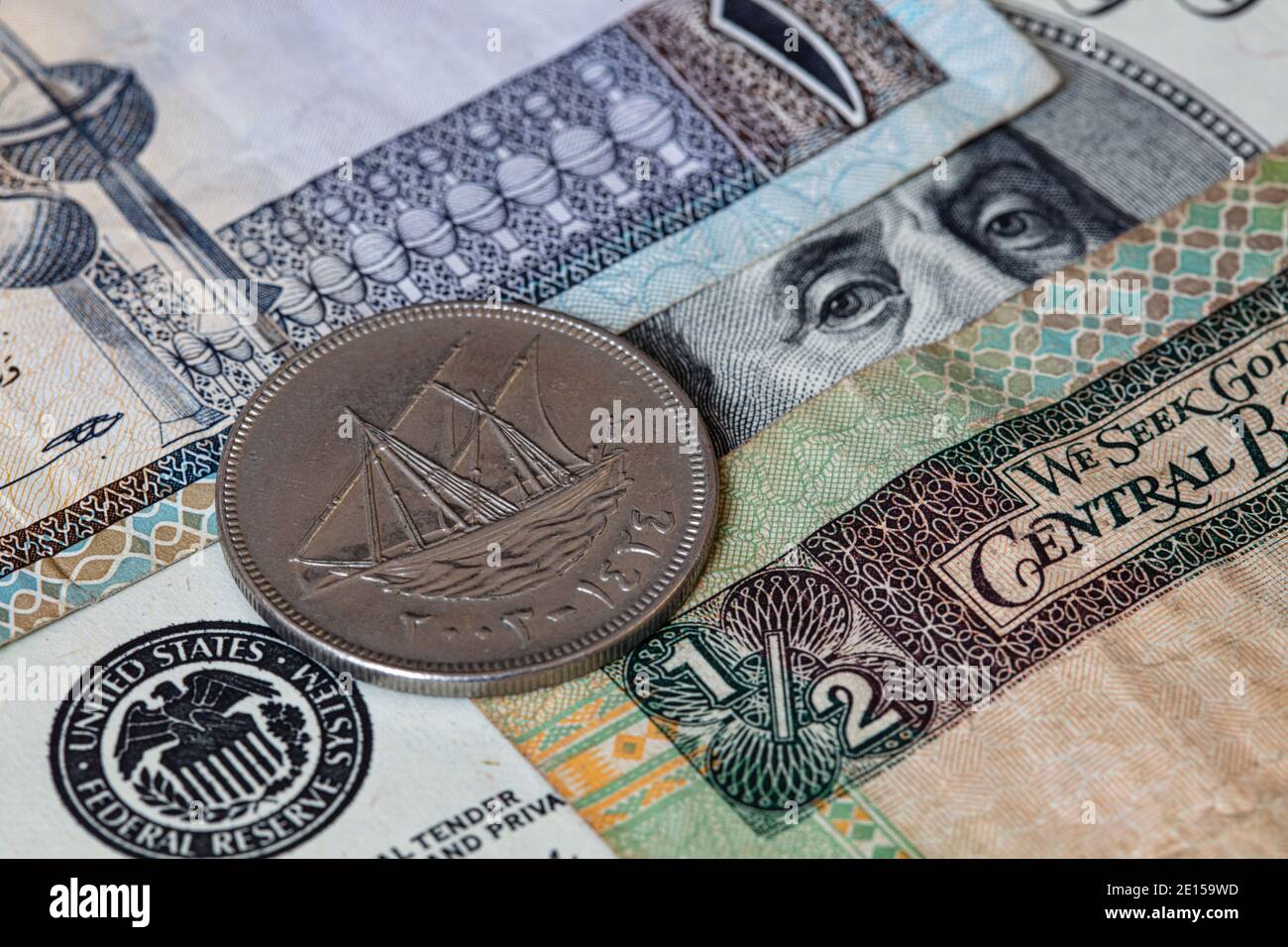 100-fils-on-100-dollar-and-kuwaiti-dinar-banknotes-background-stock