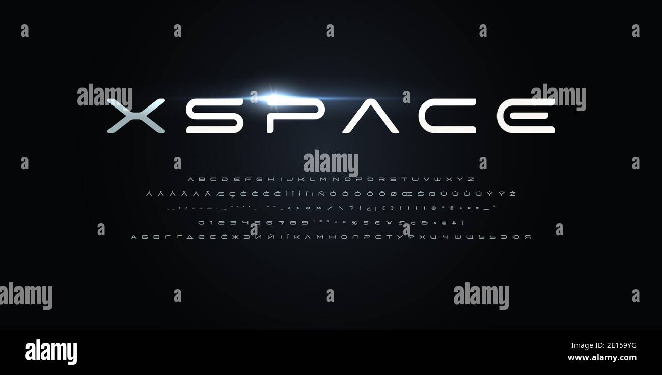 Space style alphabet. Futurism font, minimalist type for modern futuristic logo, monogram, digital device, hud graphic, robot or cosmic technology Stock Vector