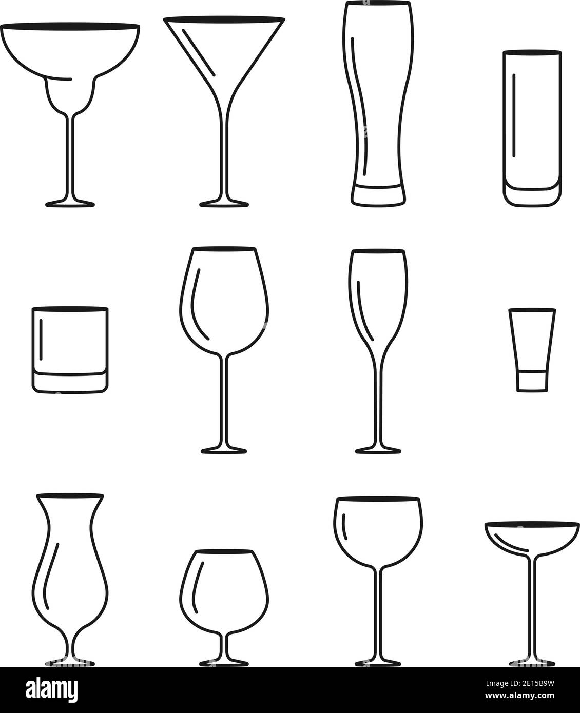 Set of different types of alcoholic drinks like cocktails, wine, beer and more in vector Stock Vector
