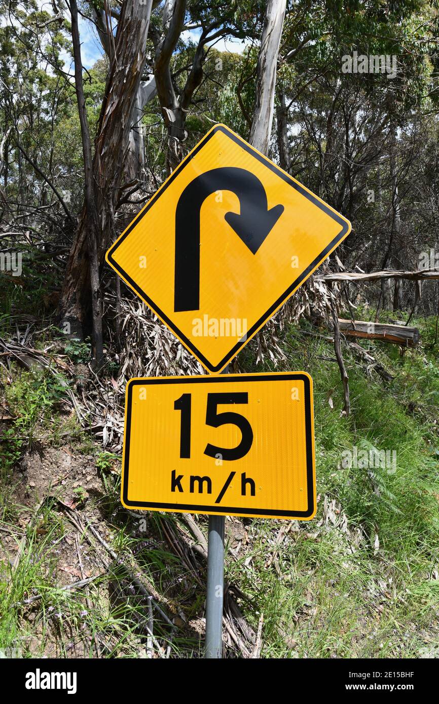 A road sign on the Alpine Way in the Snowy Mountains of Australia Stock Photo