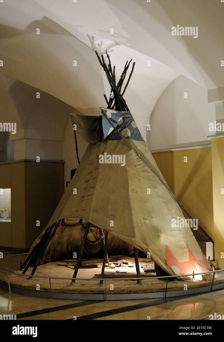 Tipi (tepee). Conical tent made of animal skins upon wooden poles. Used by indigenous peoples of the Great Plains of North America. Museum of the Americas. Madrid, Spain. Stock Photo