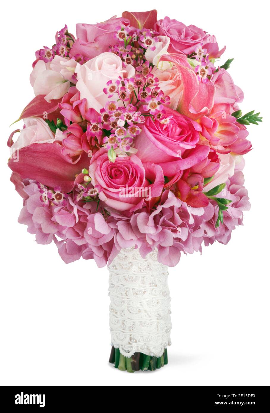Pink fresh flower wedding bouquet with white lace ribbon handle  photographed on a white background Stock Photo - Alamy