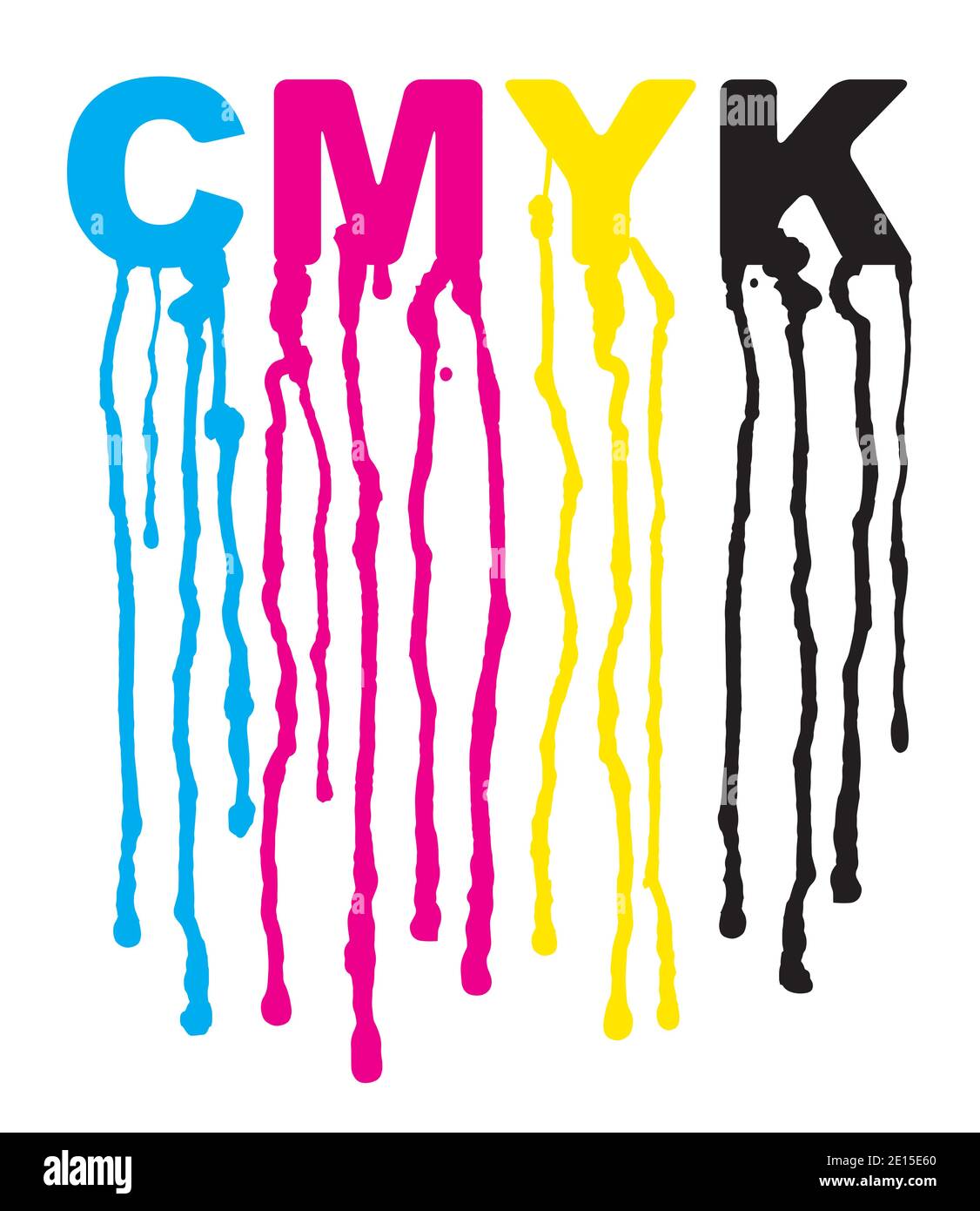 Flowing Paint, CMYK print colors.  Illustration with CMYK inscription with dripping paint. Concept for presenting of color printing. Vector available. Stock Vector