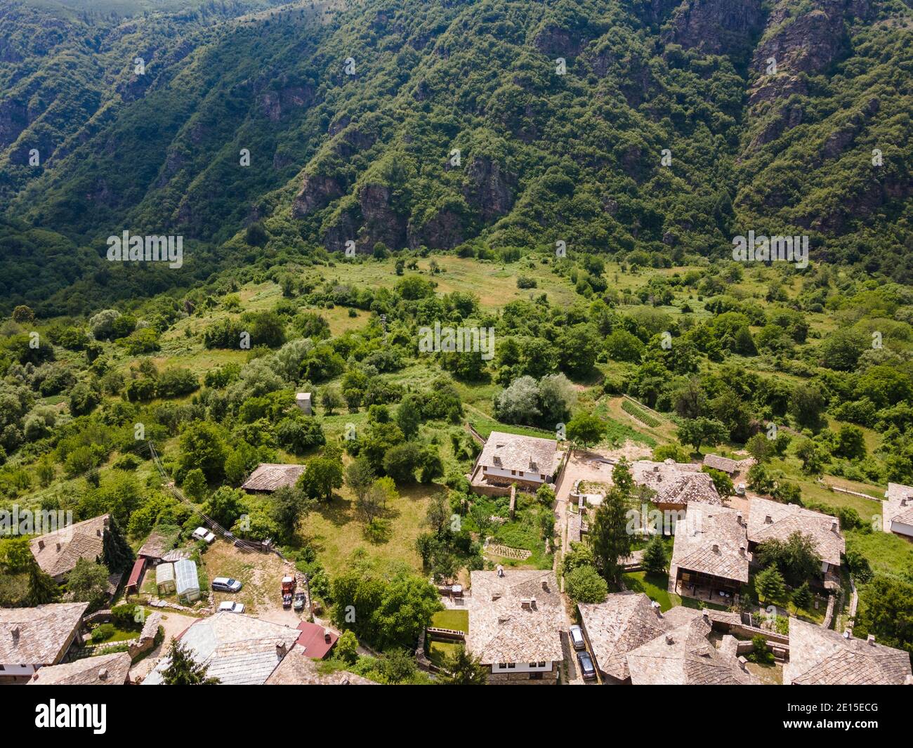 Aerial view of Village of Kovachevitsa with Authentic nineteenth ...