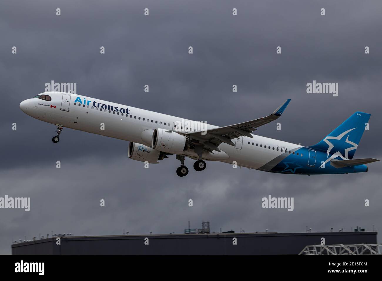 Montreal, Quebec, Canada - 12-13-2020 : Air Transat Airbus A321 NEO taking off from Montreal. Stock Photo