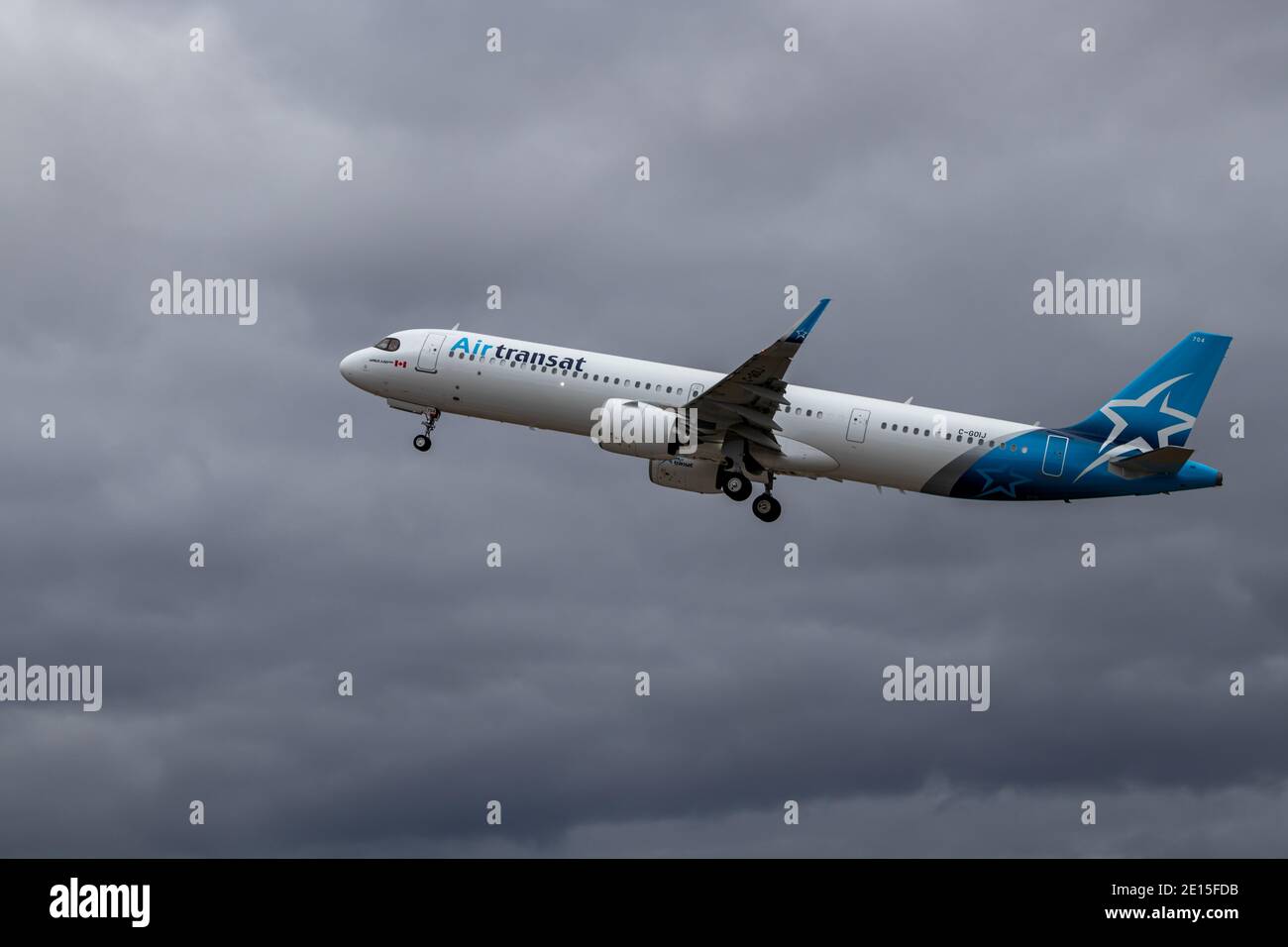 Montreal, Quebec, Canada - 12-13-2020 : Air Transat Airbus A321 NEO taking off from Montreal. Stock Photo