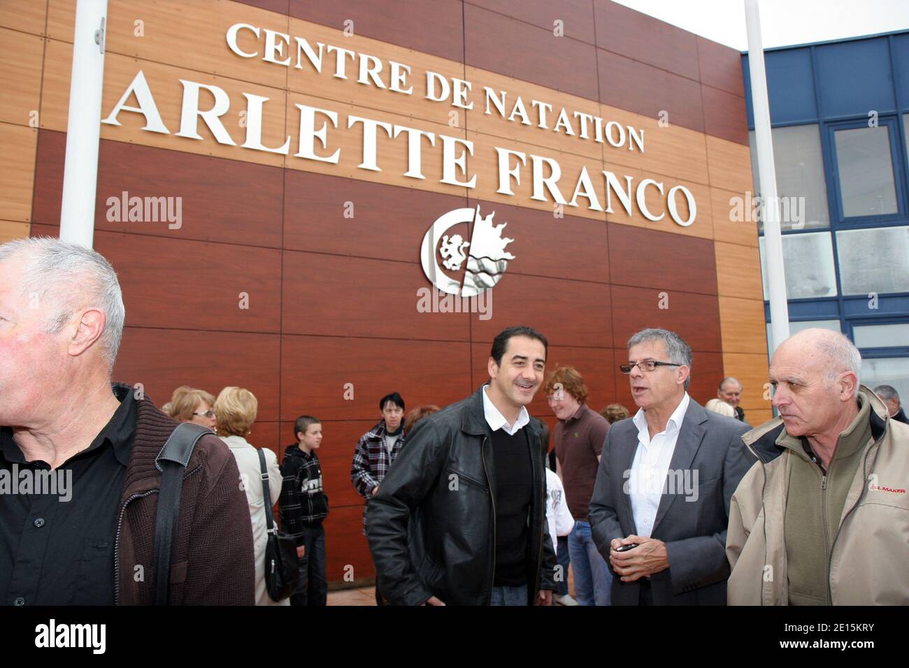 Canet natation 66 president's Pierre Rollin and Jean-Marie Porte during the  inauguration of the swimming center Arlette Franco. In the presence of :  the senator's Jean-Paul Alduy, Paul Blanc and Jacques Blanc,