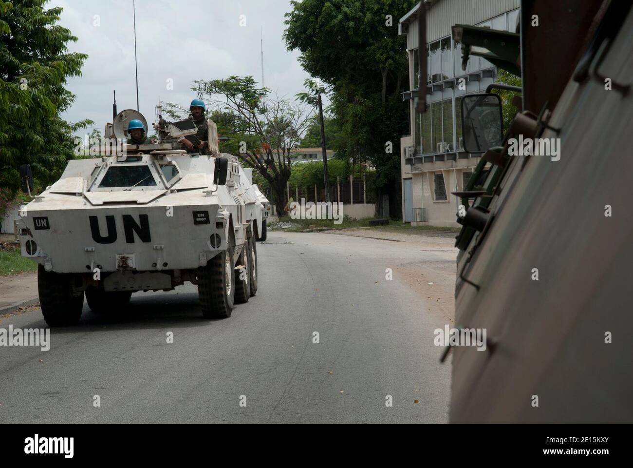 UN forces patrolling with armored vehicles in a street of Abidjan, Ivory Coast on April 2, 2011. France has also boosted its UN Licorne (Unicorn) mission in the cocoa-rich nation by 300 to around 1,400 troops, where part of their mission is to protect foreigners from attacks and looting amid rising insecurity. Photo by SCH Blanchet/ECPAD/ABACAPRESS.COM Stock Photo