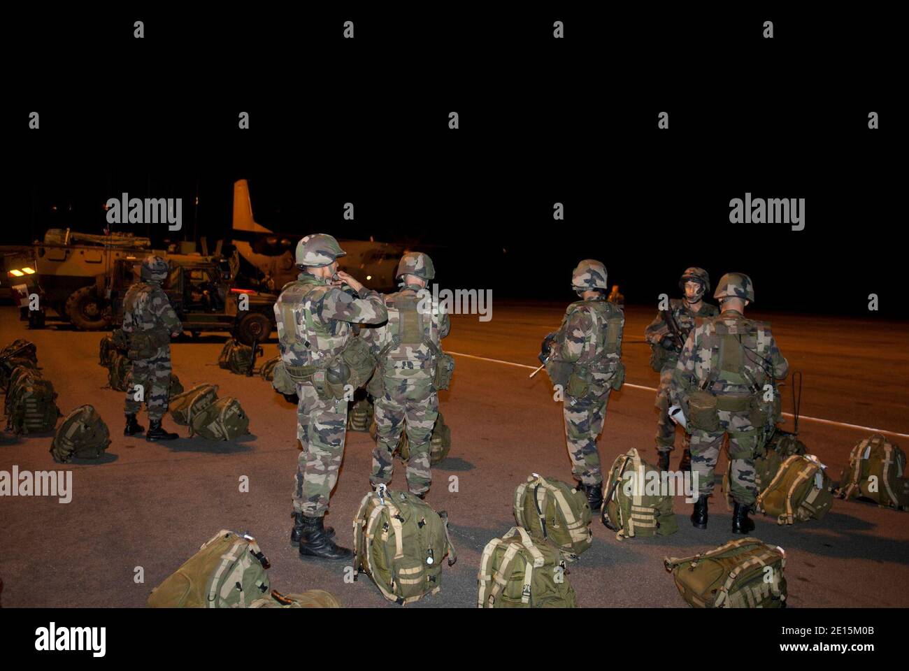 French troops took control of Abidjan airport, Ivory Coast during the night enter on April 2 and 3, 2011. France has also boosted its UN Licorne (Unicorn) mission in the cocoa-rich nation by 300 to around 1,400 troops, where part of their mission is to protect foreigners from attacks and looting amid rising insecurity. Photo by SCH Blanchet/ECPAD/ABACAPRESS.COM Stock Photo