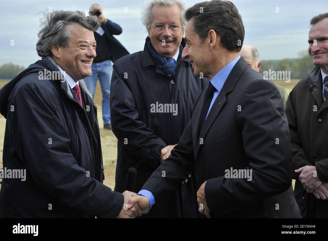 French President Nicolas Sarkozy recieved by Jean-Louis Borloo visits the building site of A29 pulling down in Licourt, Somme, France on April 5, 2011. Photo by Thierry Orban/ABACAPRESS.COM Stock Photo