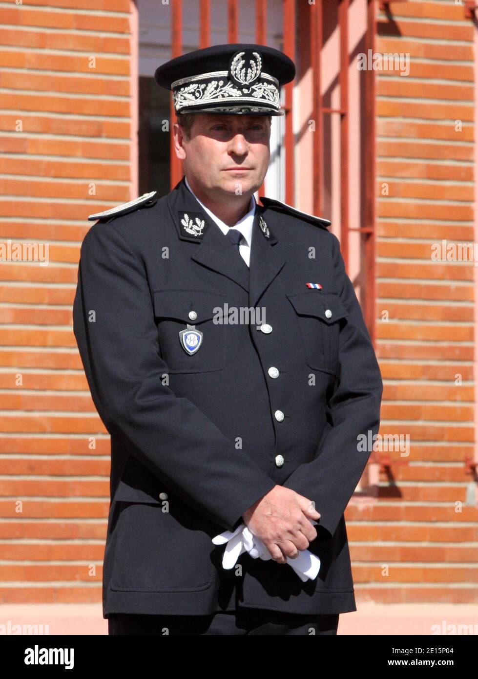 The zonal director of PJ's Roland Gauze during the Ceremony of Christian Lajarrige's installation, as new Director of the Police on the Borders of the Pyrenees-Orientales. In the presence of : the prefect's Jean-Francois Delage, the Departmental Director of the Law and order Jean-Francois Scoffoni, of Major of Grouping of Gendarmerie des PO Philippe Guichard, the Director of Office of the Prefect Dominique Camilleri, the Director Inter-regional of the PJ Roland Gauze and the Regional Director of Customs Jean-Michel Pillon. A spanish delegation of authority are also present the Consul of Spain Stock Photo