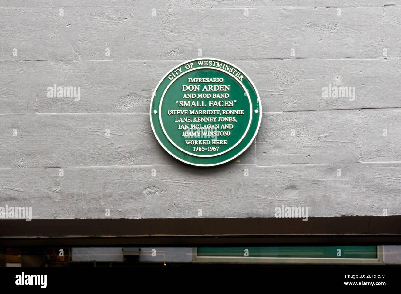 A green plaque in Carnaby Street commemorates the Mod band Small Faces & the impressario Don Arden. Stock Photo